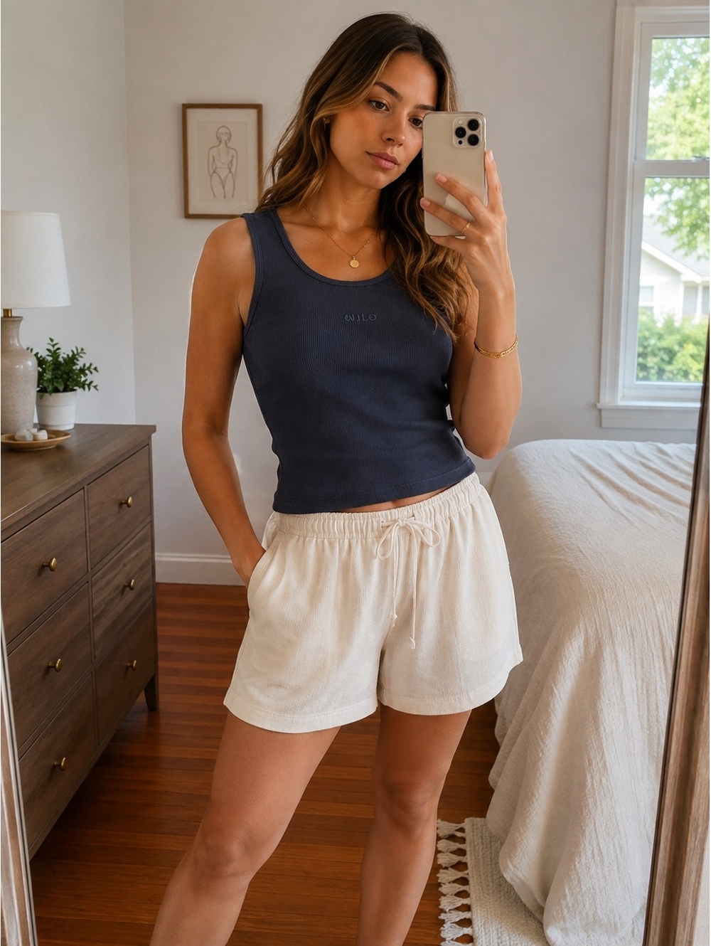 Wilo The Label Rib Tank Top Blue Cotton Blend Sleeveless Crop Top Size L NWT